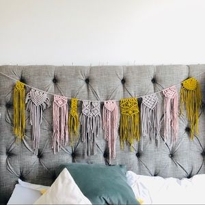 Boho Macramé Wall Garland in Pink, Gray, and Mustard